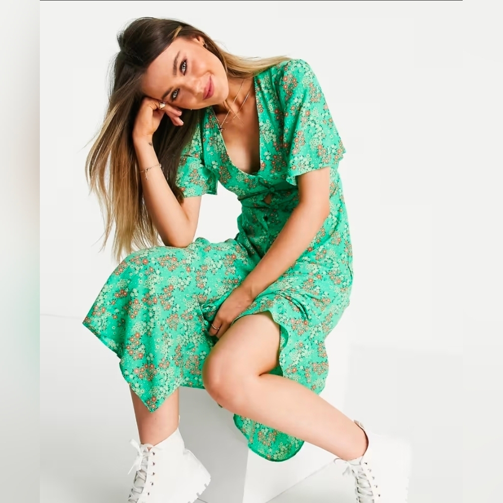 ASOS Button Through Tie Back Midi Tea Dress In Green Floral Print